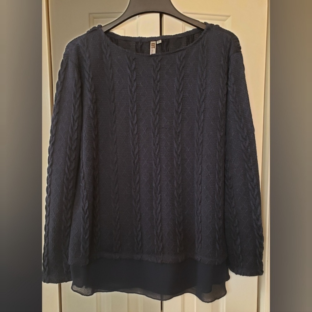 Kut From The Kloth Navy Cable Knit Sweater Sheer Hem Lightweight Top Size L